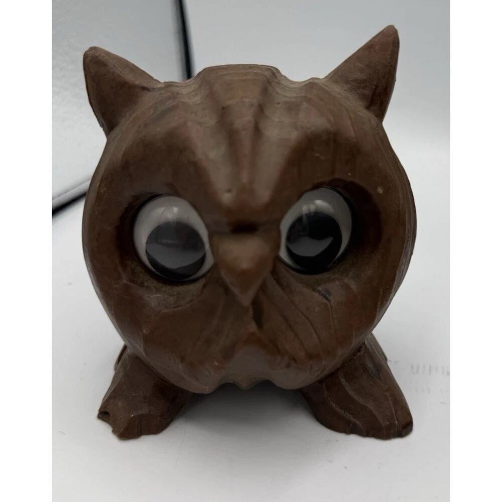 Vintage Hand Carved Wood Owl Figurine Googly Eyes Cryptomeria Kitsch Decor